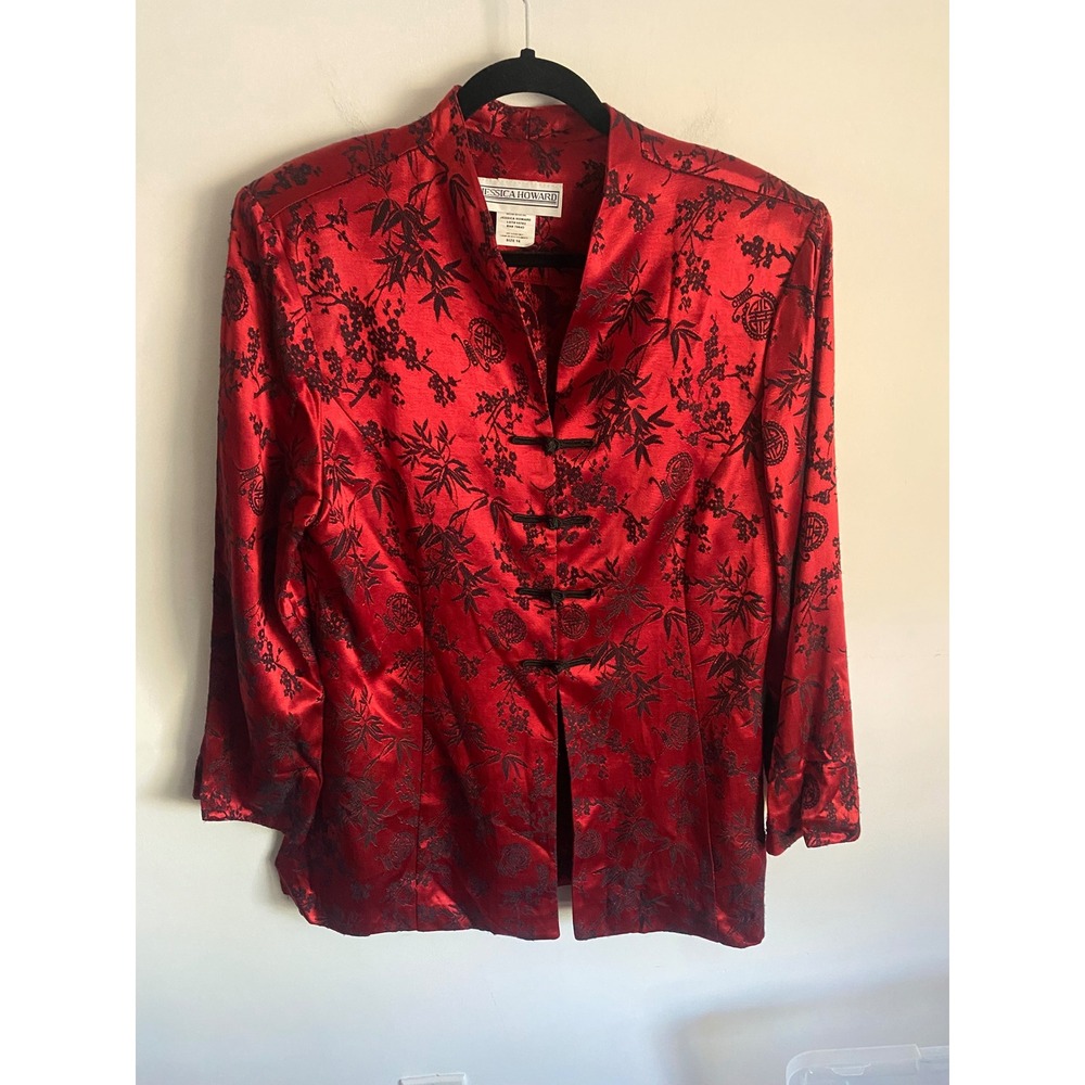 Jessica Howard Red Black Floral Jacquard Mandarin Collar Frog Button Jacket 16